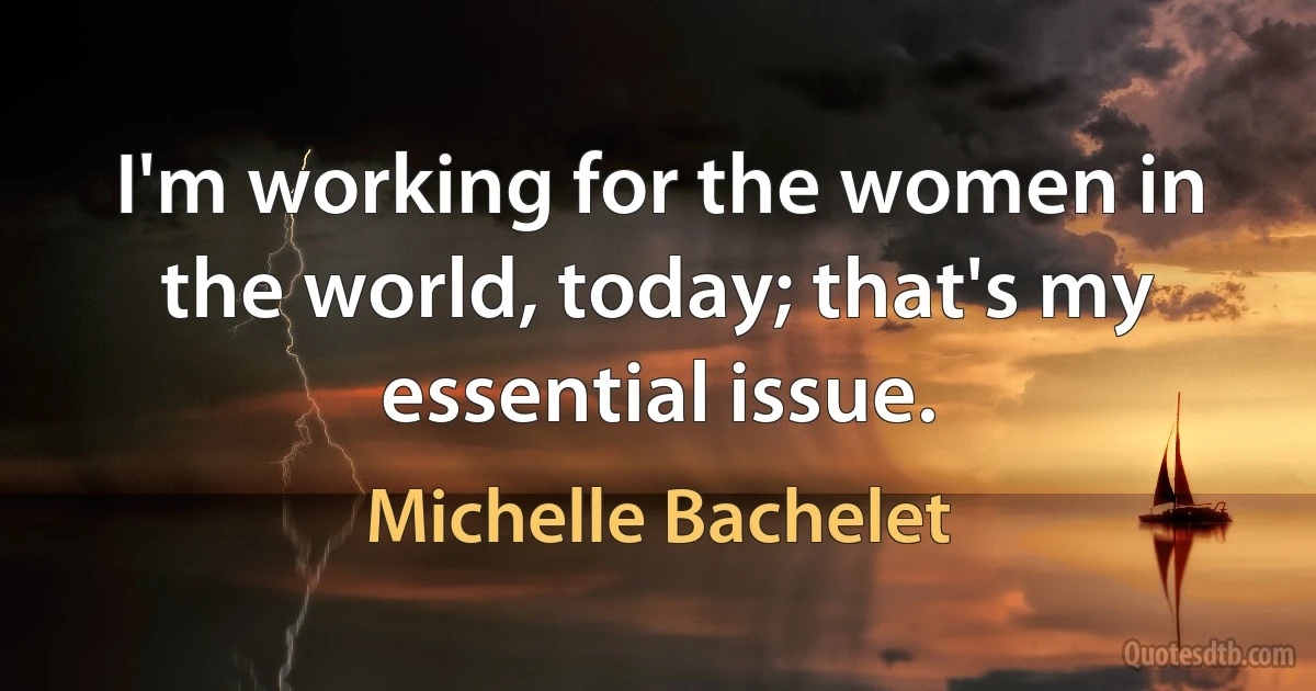 I'm working for the women in the world, today; that's my essential issue. (Michelle Bachelet)