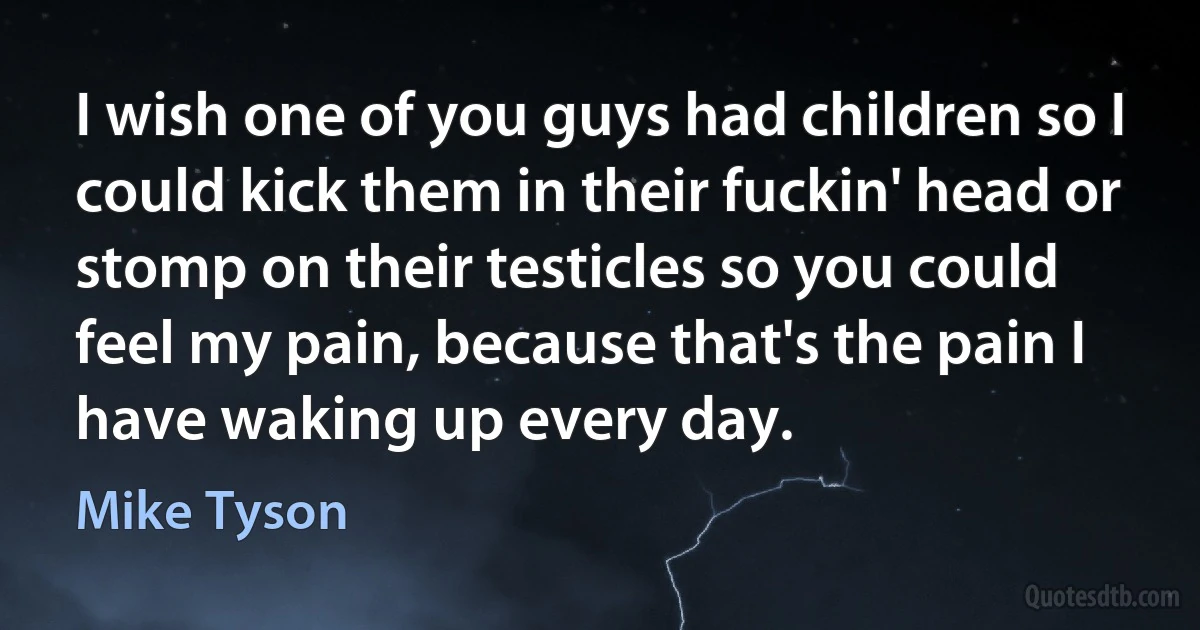 I wish one of you guys had children so I could kick them in their fuckin' head or stomp on their testicles so you could feel my pain, because that's the pain I have waking up every day. (Mike Tyson)