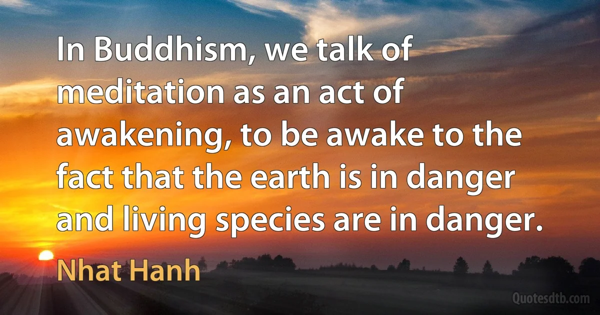 In Buddhism, we talk of meditation as an act of awakening, to be awake to the fact that the earth is in danger and living species are in danger. (Nhat Hanh)