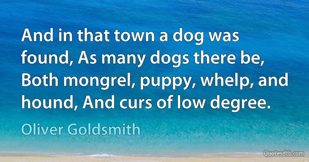 And in that town a dog was found, As many dogs there be, Both mongrel, puppy, whelp, and hound, And curs of low degree. (Oliver Goldsmith)