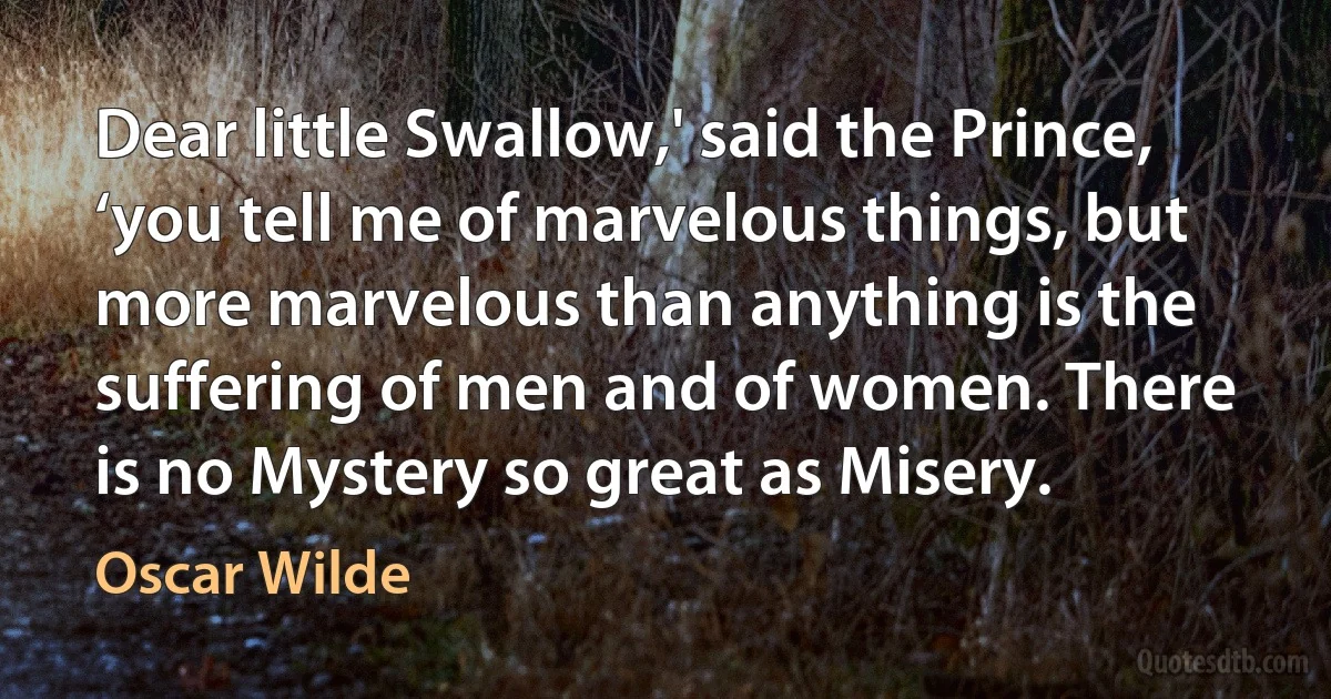 Dear little Swallow,' said the Prince, ‘you tell me of marvelous things, but more marvelous than anything is the suffering of men and of women. There is no Mystery so great as Misery. (Oscar Wilde)