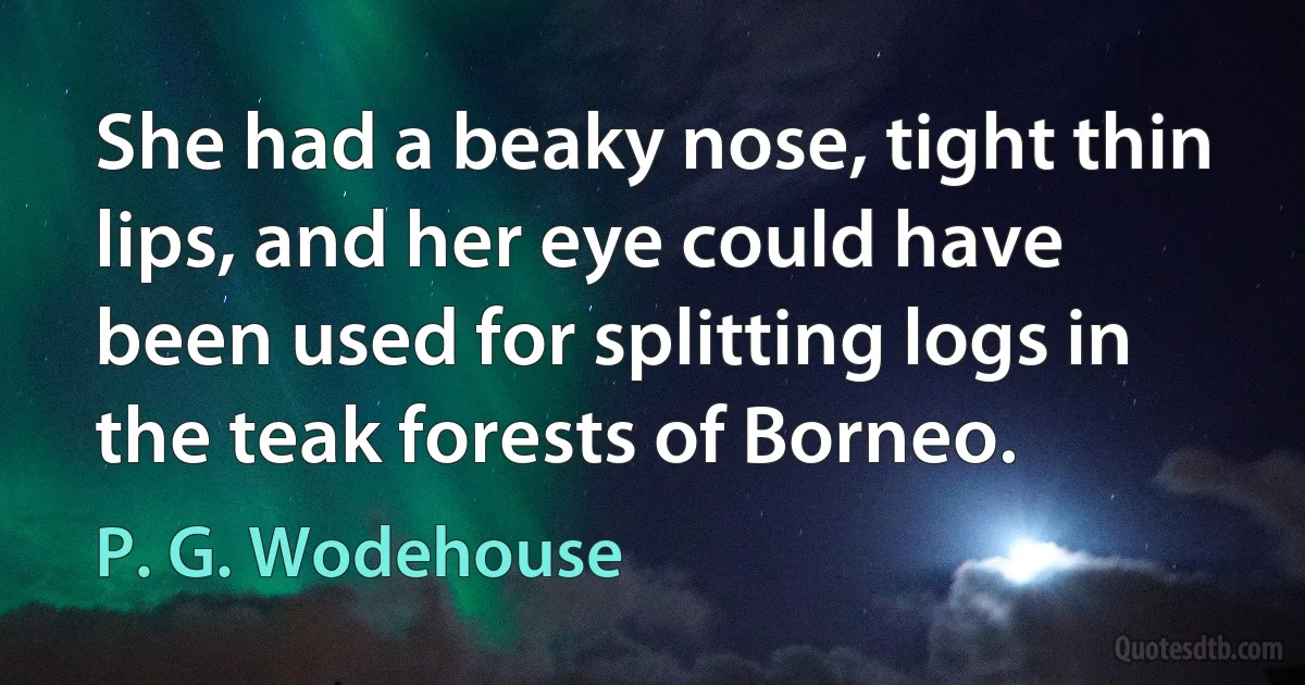 She had a beaky nose, tight thin lips, and her eye could have been used for splitting logs in the teak forests of Borneo. (P. G. Wodehouse)