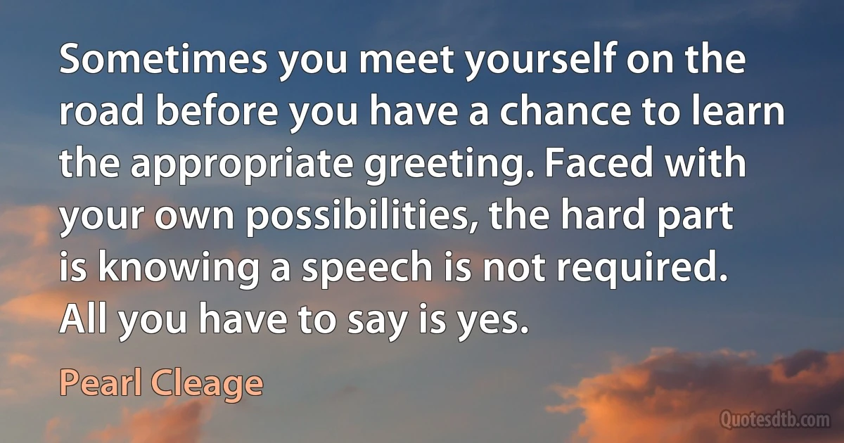 Sometimes you meet yourself on the road before you have a chance to learn the appropriate greeting. Faced with your own possibilities, the hard part is knowing a speech is not required. All you have to say is yes. (Pearl Cleage)