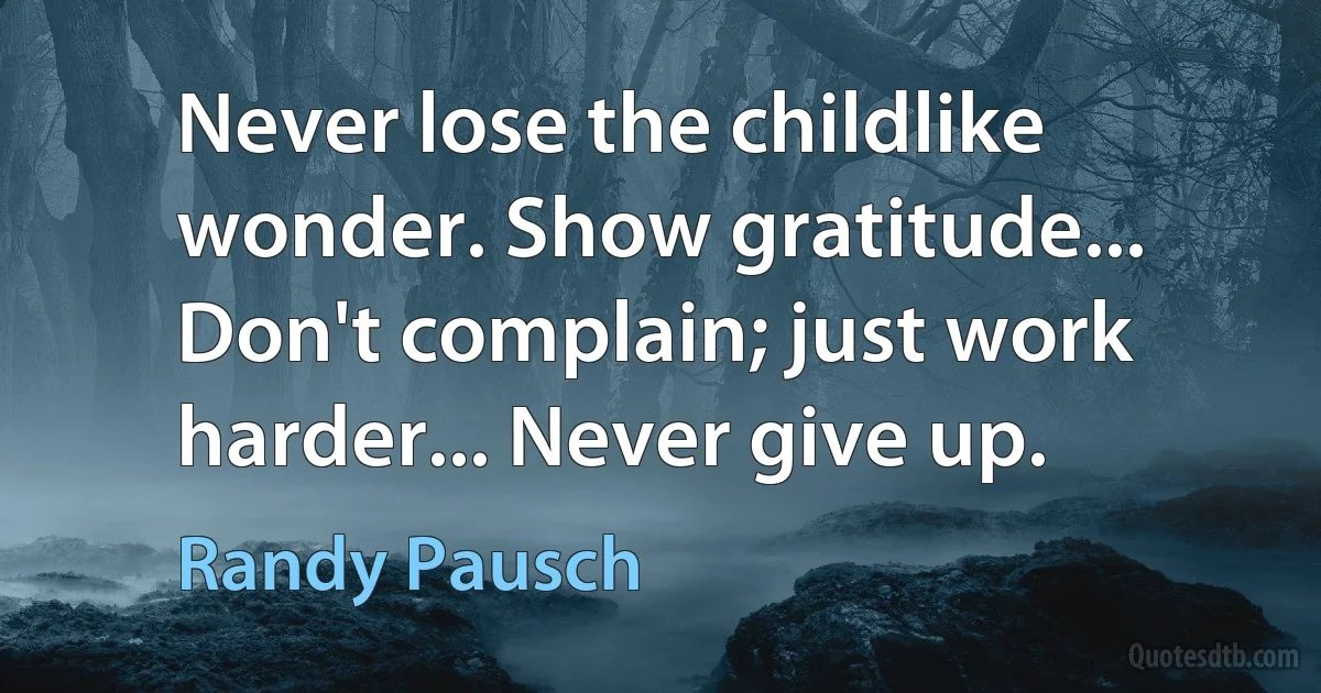 Never lose the childlike wonder. Show gratitude... Don't complain; just work harder... Never give up. (Randy Pausch)