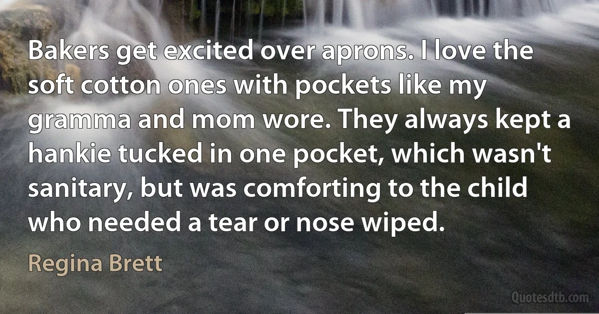 Bakers get excited over aprons. I love the soft cotton ones with pockets like my gramma and mom wore. They always kept a hankie tucked in one pocket, which wasn't sanitary, but was comforting to the child who needed a tear or nose wiped. (Regina Brett)