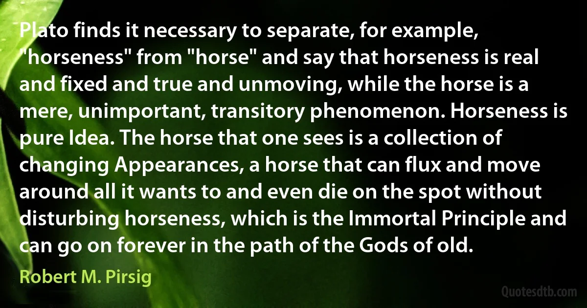 Plato finds it necessary to separate, for example, "horseness" from "horse" and say that horseness is real and fixed and true and unmoving, while the horse is a mere, unimportant, transitory phenomenon. Horseness is pure Idea. The horse that one sees is a collection of changing Appearances, a horse that can flux and move around all it wants to and even die on the spot without disturbing horseness, which is the Immortal Principle and can go on forever in the path of the Gods of old. (Robert M. Pirsig)