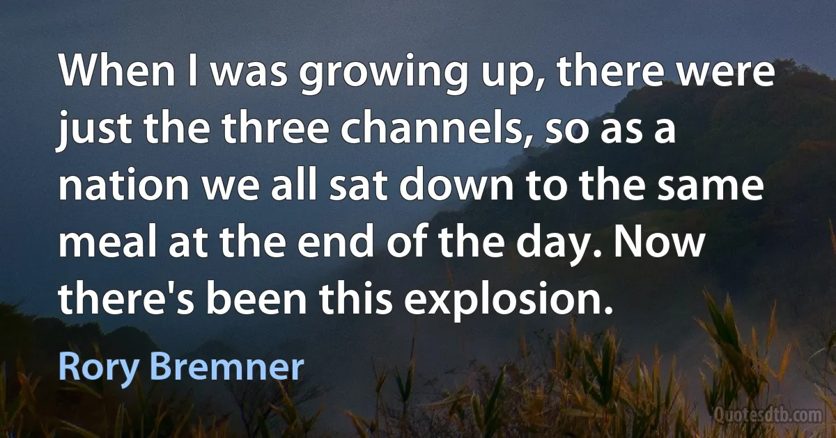 When I was growing up, there were just the three channels, so as a nation we all sat down to the same meal at the end of the day. Now there's been this explosion. (Rory Bremner)