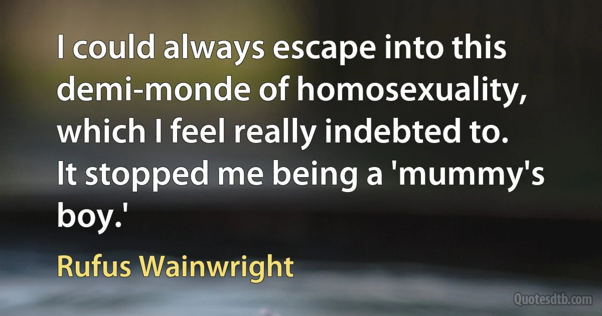 I could always escape into this demi-monde of homosexuality, which I feel really indebted to. It stopped me being a 'mummy's boy.' (Rufus Wainwright)