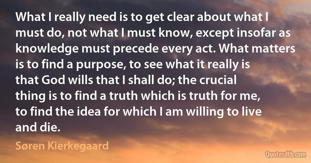 What I really need is to get clear about what I must do, not what I must know, except insofar as knowledge must precede every act. What matters is to find a purpose, to see what it really is that God wills that I shall do; the crucial thing is to find a truth which is truth for me, to find the idea for which I am willing to live and die. (Søren Kierkegaard)