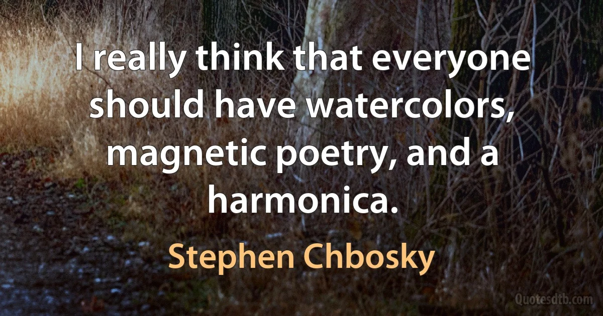 I really think that everyone should have watercolors, magnetic poetry, and a harmonica. (Stephen Chbosky)