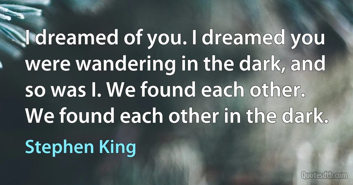 I dreamed of you. I dreamed you were wandering in the dark, and so was I. We found each other. We found each other in the dark. (Stephen King)