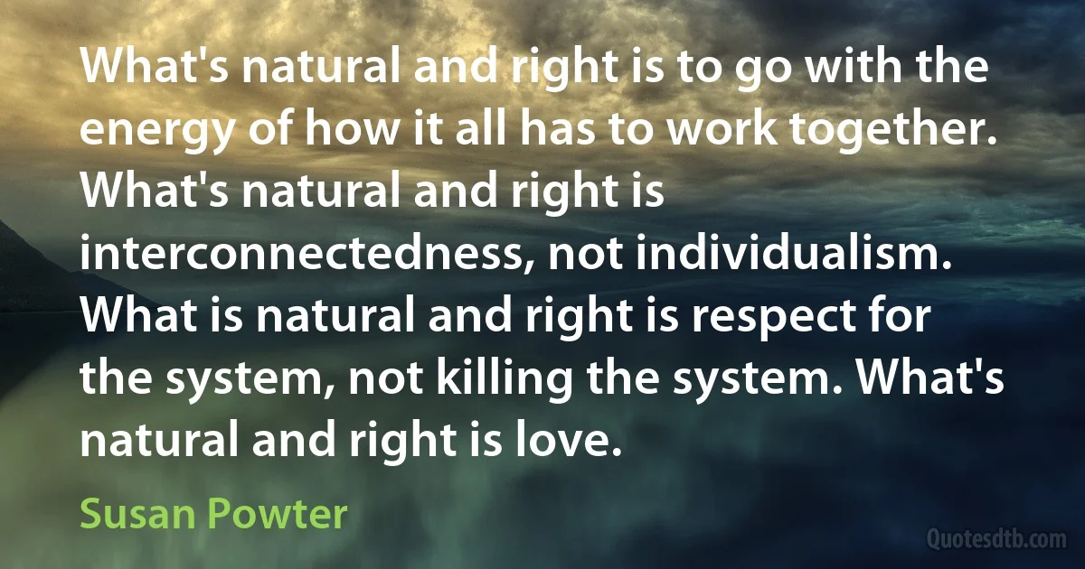 What's natural and right is to go with the energy of how it all has to work together. What's natural and right is interconnectedness, not individualism. What is natural and right is respect for the system, not killing the system. What's natural and right is love. (Susan Powter)