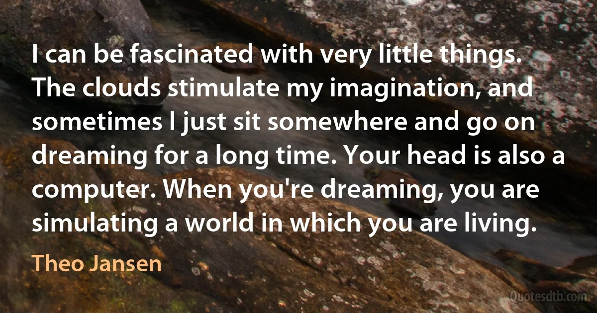 I can be fascinated with very little things. The clouds stimulate my imagination, and sometimes I just sit somewhere and go on dreaming for a long time. Your head is also a computer. When you're dreaming, you are simulating a world in which you are living. (Theo Jansen)