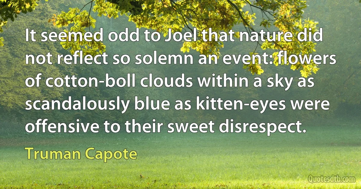 It seemed odd to Joel that nature did not reflect so solemn an event: flowers of cotton-boll clouds within a sky as scandalously blue as kitten-eyes were offensive to their sweet disrespect. (Truman Capote)