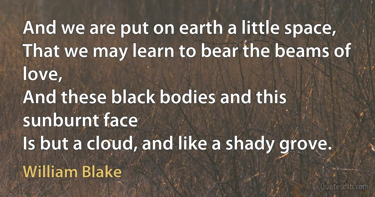 And we are put on earth a little space,
That we may learn to bear the beams of love,
And these black bodies and this sunburnt face
Is but a cloud, and like a shady grove. (William Blake)