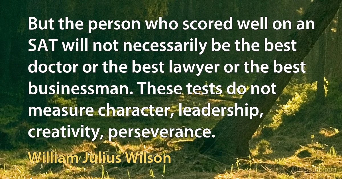 But the person who scored well on an SAT will not necessarily be the best doctor or the best lawyer or the best businessman. These tests do not measure character, leadership, creativity, perseverance. (William Julius Wilson)