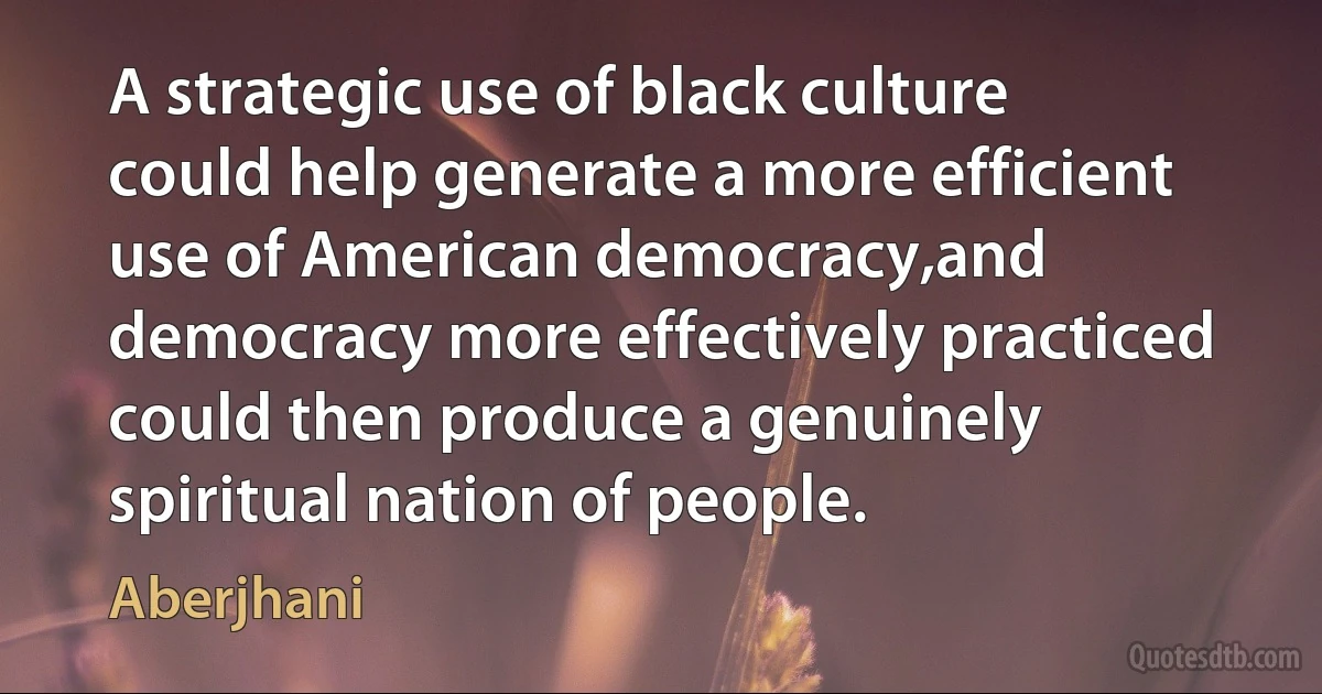 A strategic use of black culture could help generate a more efficient use of American democracy,and democracy more effectively practiced could then produce a genuinely spiritual nation of people. (Aberjhani)