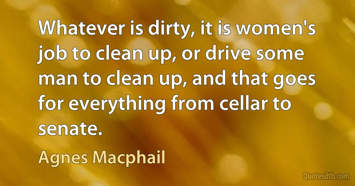 Whatever is dirty, it is women's job to clean up, or drive some man to clean up, and that goes for everything from cellar to senate. (Agnes Macphail)