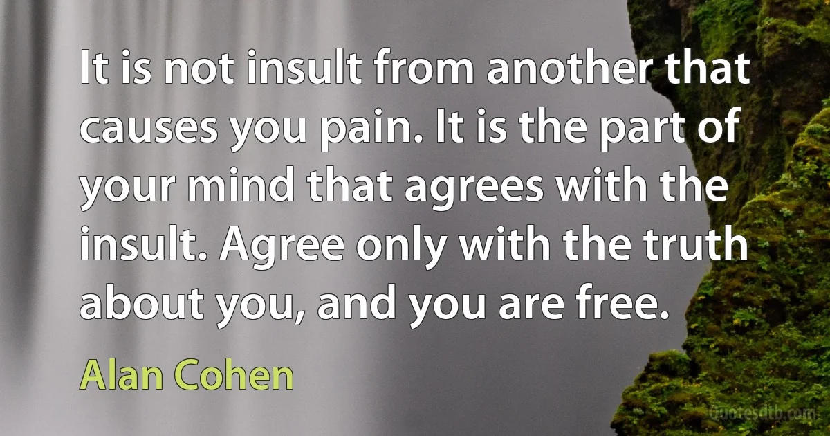 It is not insult from another that causes you pain. It is the part of your mind that agrees with the insult. Agree only with the truth about you, and you are free. (Alan Cohen)