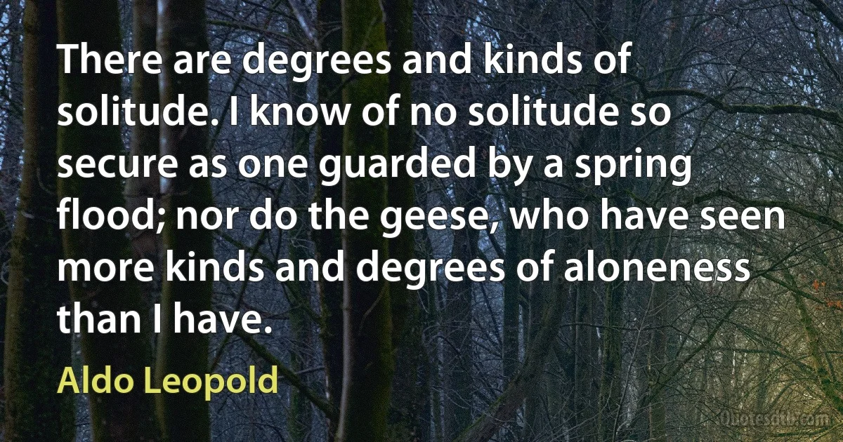 There are degrees and kinds of solitude. I know of no solitude so secure as one guarded by a spring flood; nor do the geese, who have seen more kinds and degrees of aloneness than I have. (Aldo Leopold)