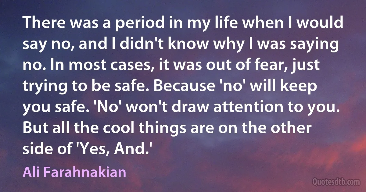 There was a period in my life when I would say no, and I didn't know why I was saying no. In most cases, it was out of fear, just trying to be safe. Because 'no' will keep you safe. 'No' won't draw attention to you. But all the cool things are on the other side of 'Yes, And.' (Ali Farahnakian)