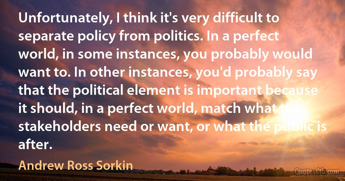 Unfortunately, I think it's very difficult to separate policy from politics. In a perfect world, in some instances, you probably would want to. In other instances, you'd probably say that the political element is important because it should, in a perfect world, match what the stakeholders need or want, or what the public is after. (Andrew Ross Sorkin)