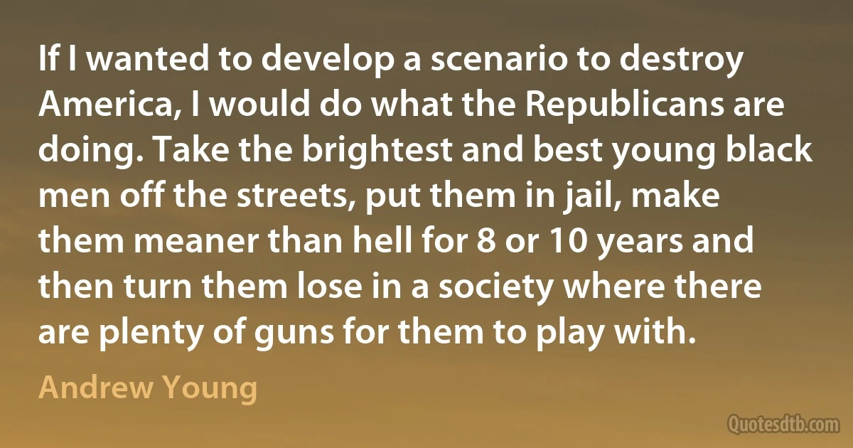 If I wanted to develop a scenario to destroy America, I would do what the Republicans are doing. Take the brightest and best young black men off the streets, put them in jail, make them meaner than hell for 8 or 10 years and then turn them lose in a society where there are plenty of guns for them to play with. (Andrew Young)