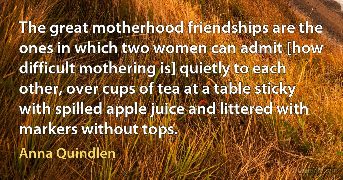 The great motherhood friendships are the ones in which two women can admit [how difficult mothering is] quietly to each other, over cups of tea at a table sticky with spilled apple juice and littered with markers without tops. (Anna Quindlen)