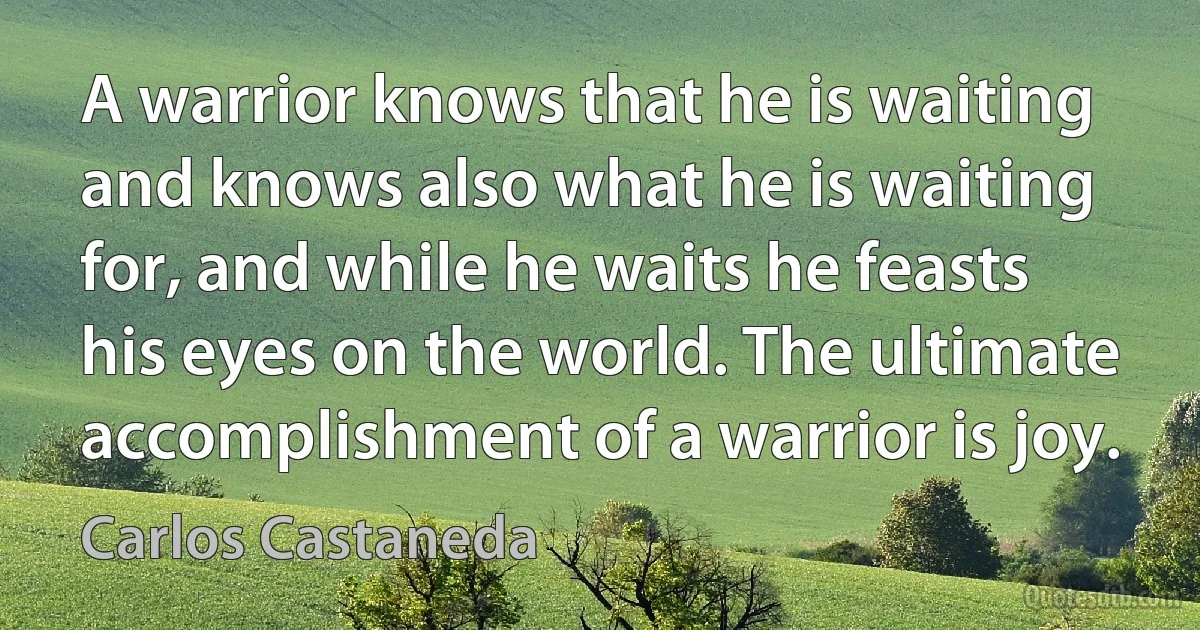 A warrior knows that he is waiting and knows also what he is waiting for, and while he waits he feasts his eyes on the world. The ultimate accomplishment of a warrior is joy. (Carlos Castaneda)