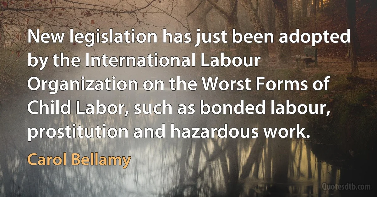 New legislation has just been adopted by the International Labour Organization on the Worst Forms of Child Labor, such as bonded labour, prostitution and hazardous work. (Carol Bellamy)