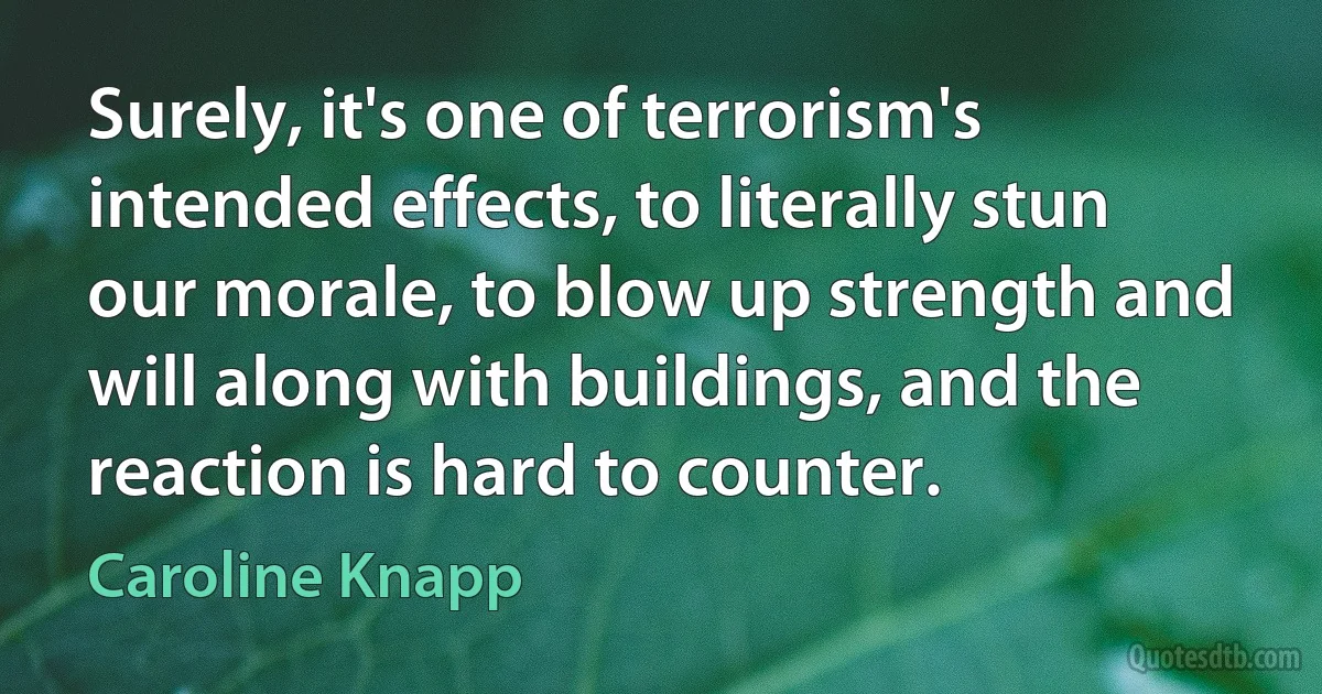 Surely, it's one of terrorism's intended effects, to literally stun our morale, to blow up strength and will along with buildings, and the reaction is hard to counter. (Caroline Knapp)