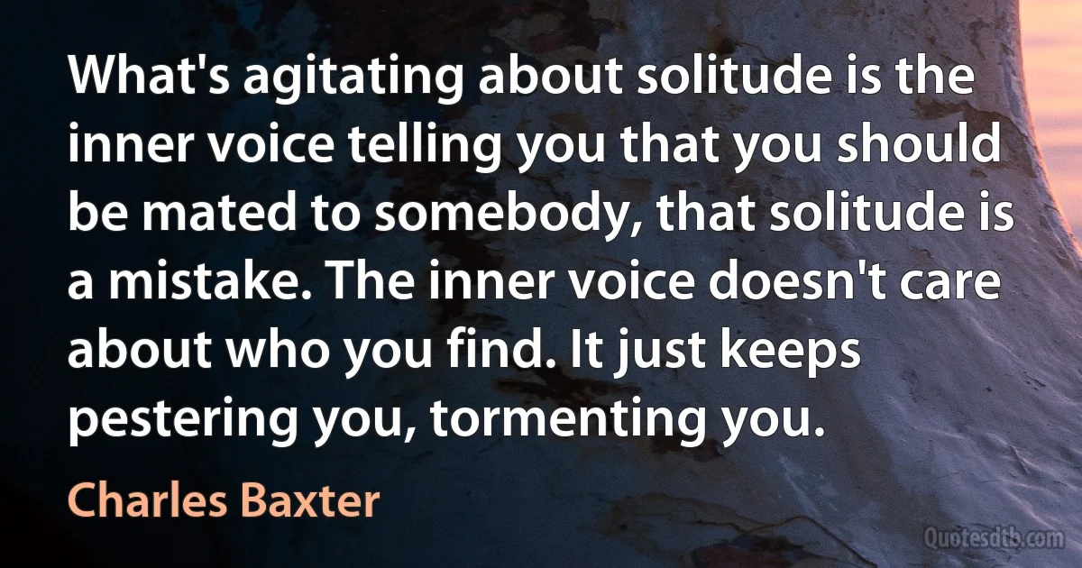 What's agitating about solitude is the inner voice telling you that you should be mated to somebody, that solitude is a mistake. The inner voice doesn't care about who you find. It just keeps pestering you, tormenting you. (Charles Baxter)