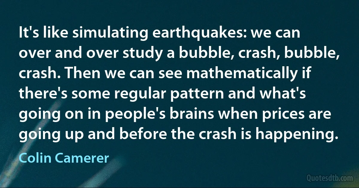 It's like simulating earthquakes: we can over and over study a bubble, crash, bubble, crash. Then we can see mathematically if there's some regular pattern and what's going on in people's brains when prices are going up and before the crash is happening. (Colin Camerer)