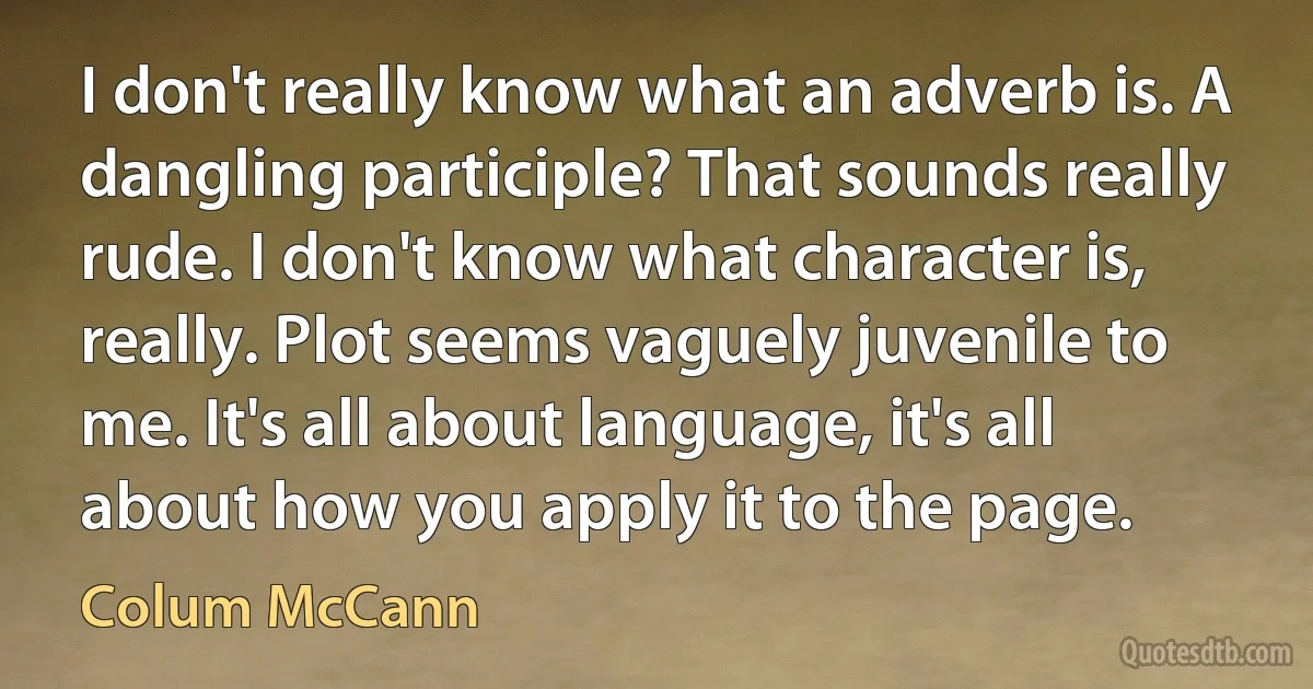 I don't really know what an adverb is. A dangling participle? That sounds really rude. I don't know what character is, really. Plot seems vaguely juvenile to me. It's all about language, it's all about how you apply it to the page. (Colum McCann)