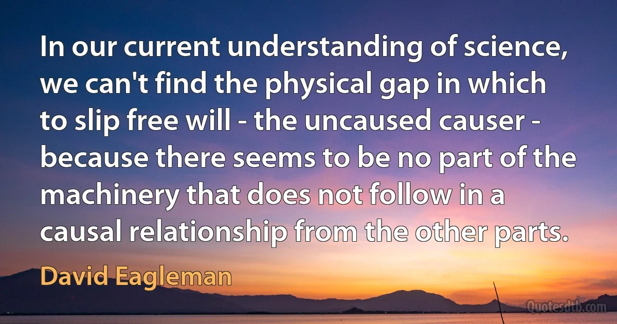 In our current understanding of science, we can't find the physical gap in which to slip free will - the uncaused causer - because there seems to be no part of the machinery that does not follow in a causal relationship from the other parts. (David Eagleman)