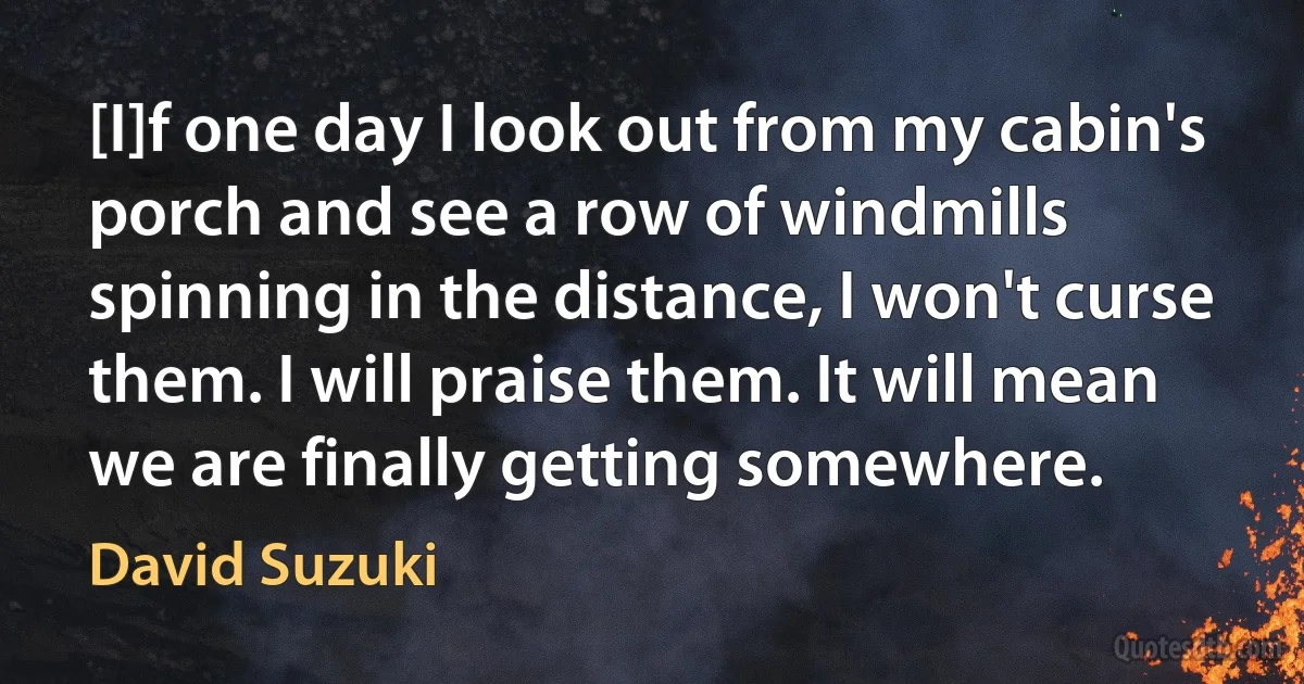 [I]f one day I look out from my cabin's porch and see a row of windmills spinning in the distance, I won't curse them. I will praise them. It will mean we are finally getting somewhere. (David Suzuki)