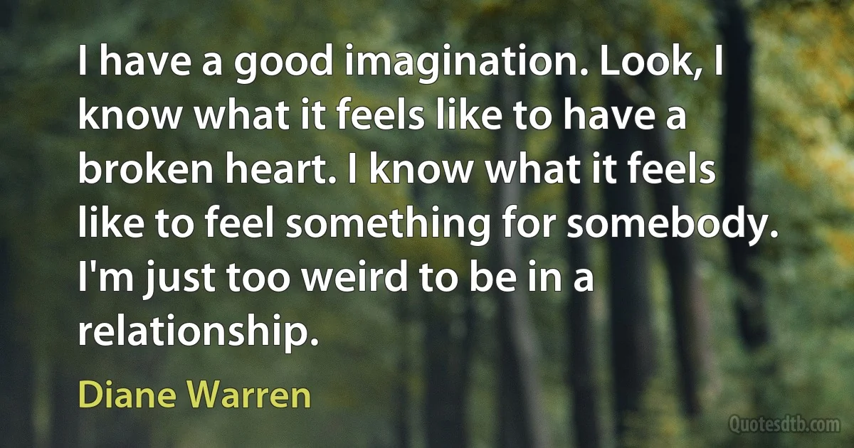 I have a good imagination. Look, I know what it feels like to have a broken heart. I know what it feels like to feel something for somebody. I'm just too weird to be in a relationship. (Diane Warren)