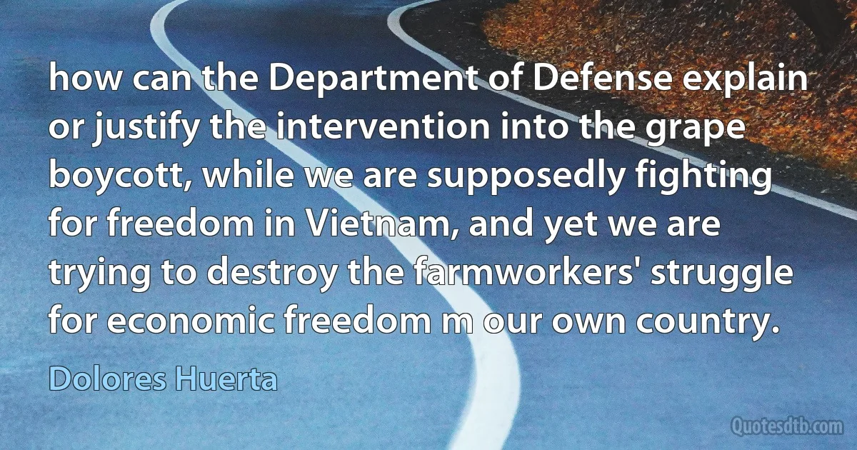 how can the Department of Defense explain or justify the intervention into the grape boycott, while we are supposedly fighting for freedom in Vietnam, and yet we are trying to destroy the farmworkers' struggle for economic freedom m our own country. (Dolores Huerta)