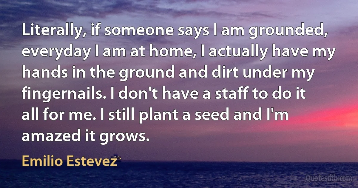 Literally, if someone says I am grounded, everyday I am at home, I actually have my hands in the ground and dirt under my fingernails. I don't have a staff to do it all for me. I still plant a seed and I'm amazed it grows. (Emilio Estevez)