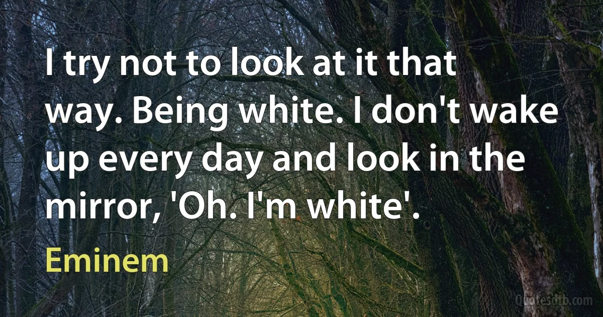 I try not to look at it that way. Being white. I don't wake up every day and look in the mirror, 'Oh. I'm white'. (Eminem)