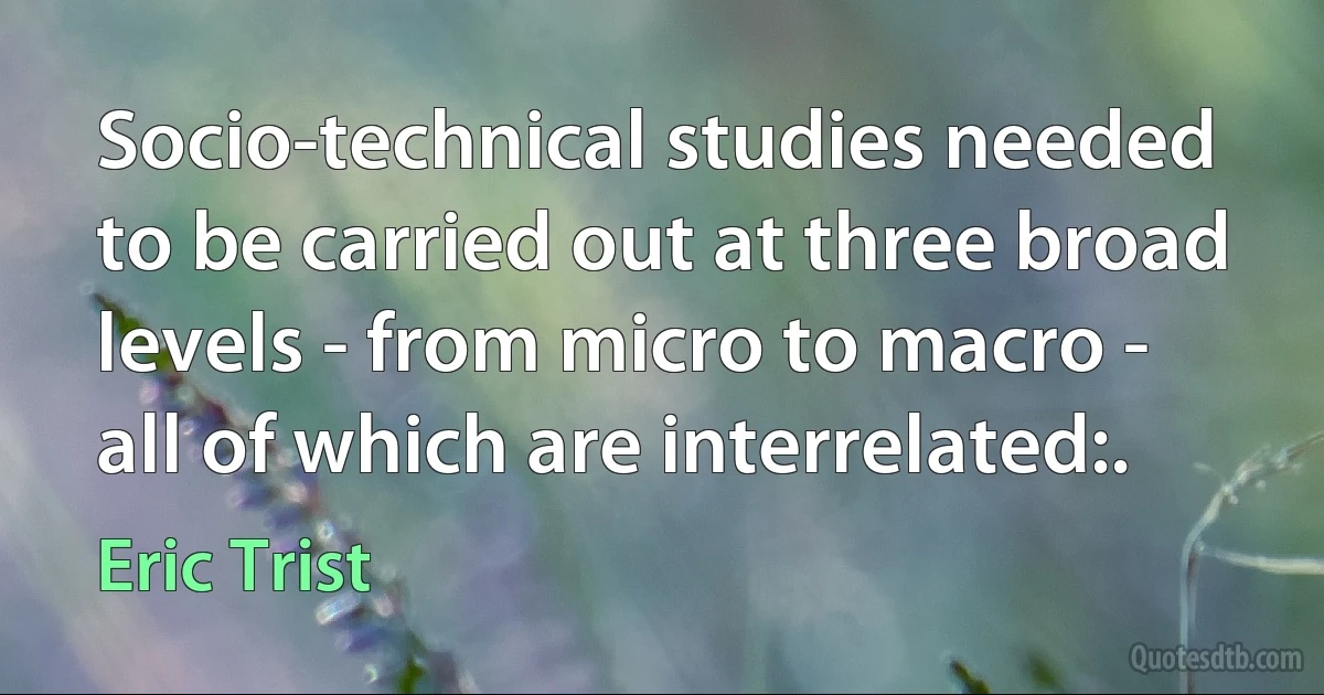 Socio-technical studies needed to be carried out at three broad levels - from micro to macro - all of which are interrelated:. (Eric Trist)