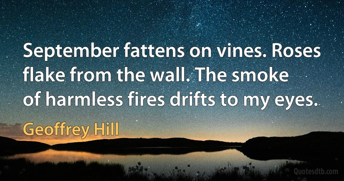 September fattens on vines. Roses
flake from the wall. The smoke
of harmless fires drifts to my eyes. (Geoffrey Hill)