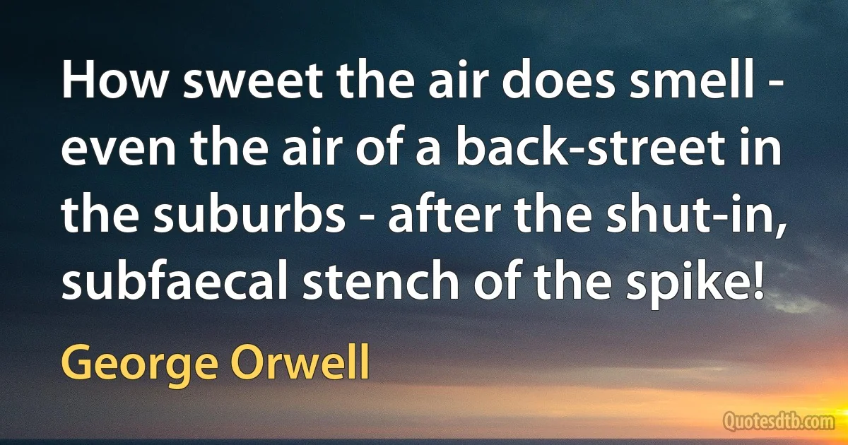 How sweet the air does smell - even the air of a back-street in the suburbs - after the shut-in, subfaecal stench of the spike! (George Orwell)