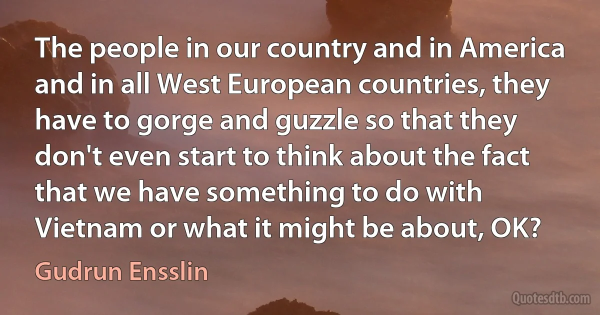 The people in our country and in America and in all West European countries, they have to gorge and guzzle so that they don't even start to think about the fact that we have something to do with Vietnam or what it might be about, OK? (Gudrun Ensslin)