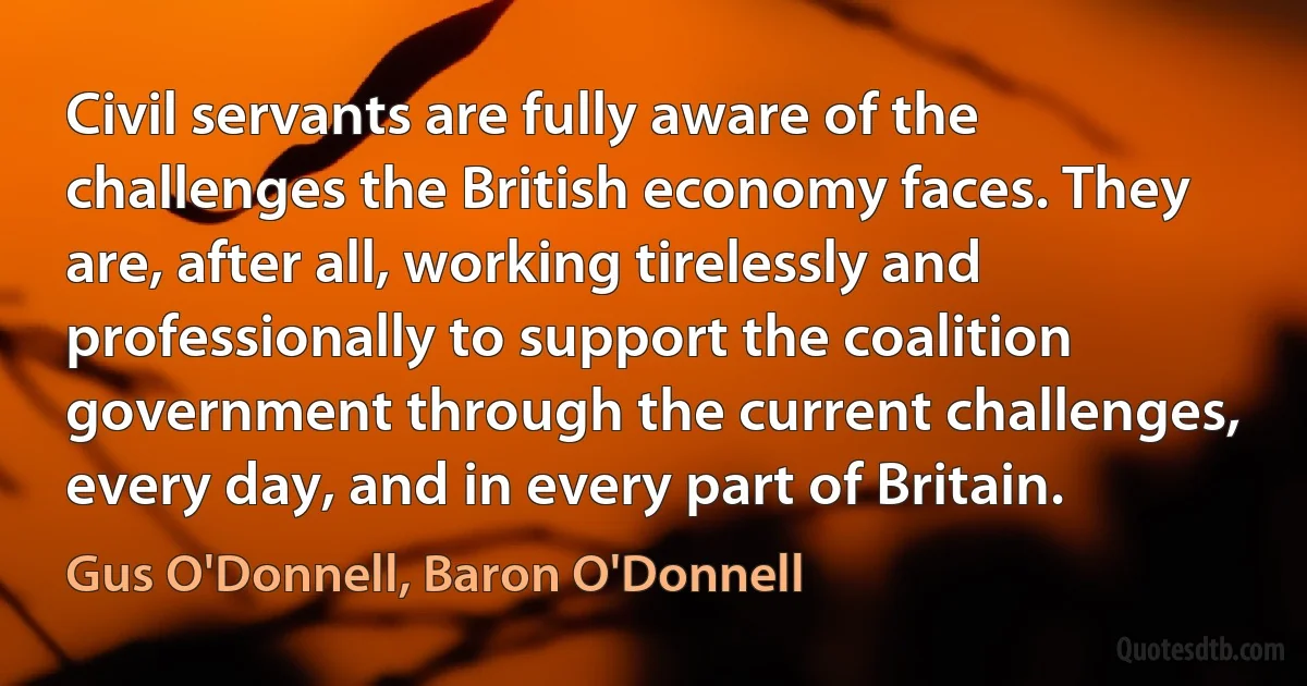 Civil servants are fully aware of the challenges the British economy faces. They are, after all, working tirelessly and professionally to support the coalition government through the current challenges, every day, and in every part of Britain. (Gus O'Donnell, Baron O'Donnell)