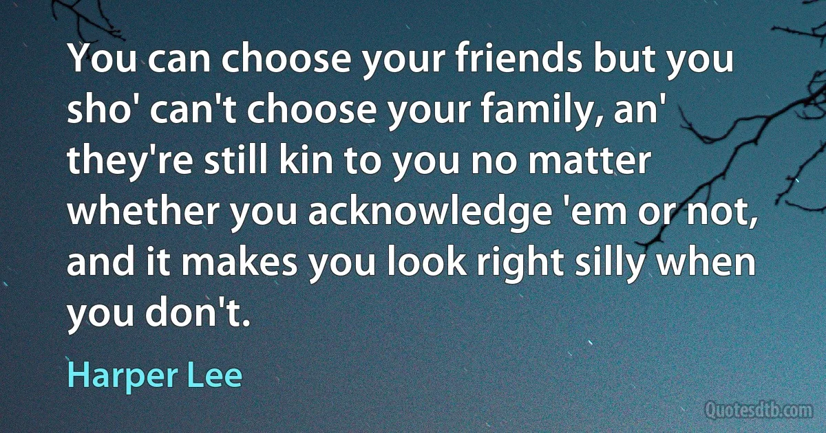 You can choose your friends but you sho' can't choose your family, an' they're still kin to you no matter whether you acknowledge 'em or not, and it makes you look right silly when you don't. (Harper Lee)