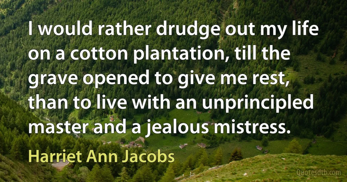 I would rather drudge out my life on a cotton plantation, till the grave opened to give me rest, than to live with an unprincipled master and a jealous mistress. (Harriet Ann Jacobs)