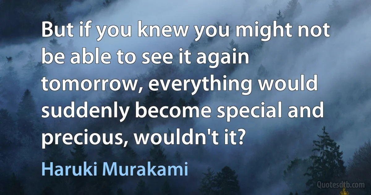 But if you knew you might not be able to see it again tomorrow, everything would suddenly become special and precious, wouldn't it? (Haruki Murakami)