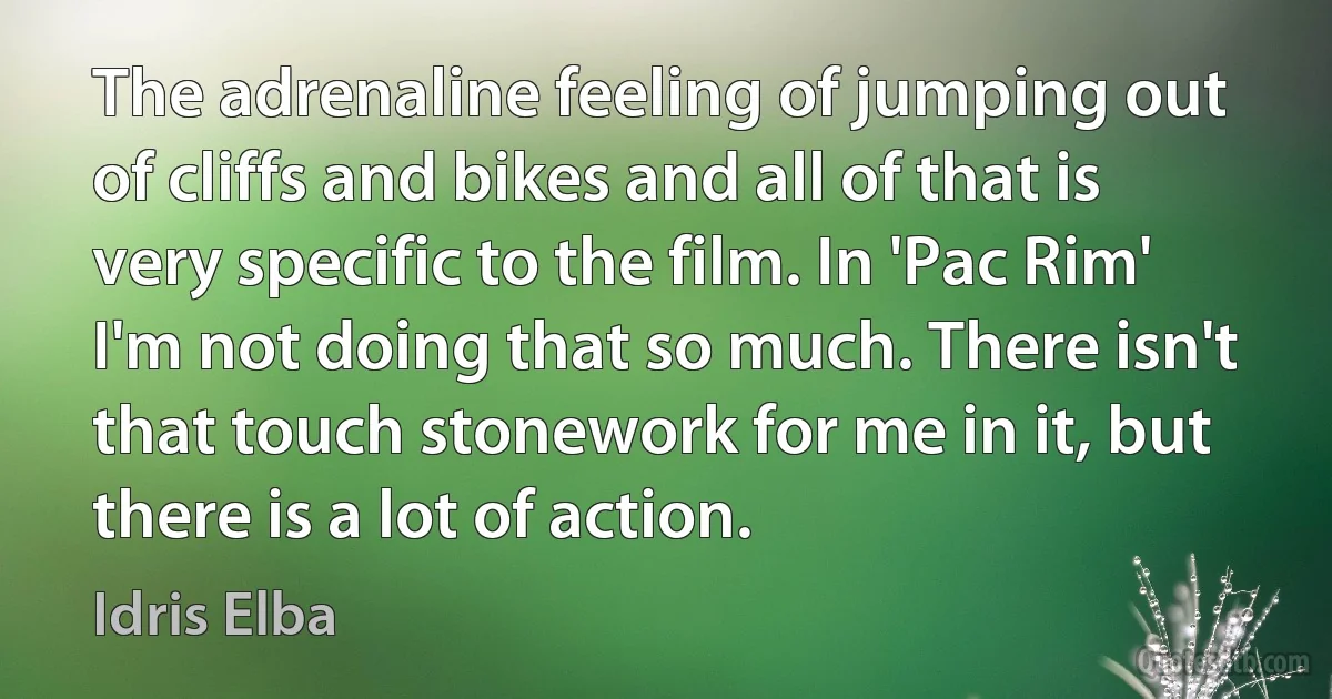 The adrenaline feeling of jumping out of cliffs and bikes and all of that is very specific to the film. In 'Pac Rim' I'm not doing that so much. There isn't that touch stonework for me in it, but there is a lot of action. (Idris Elba)