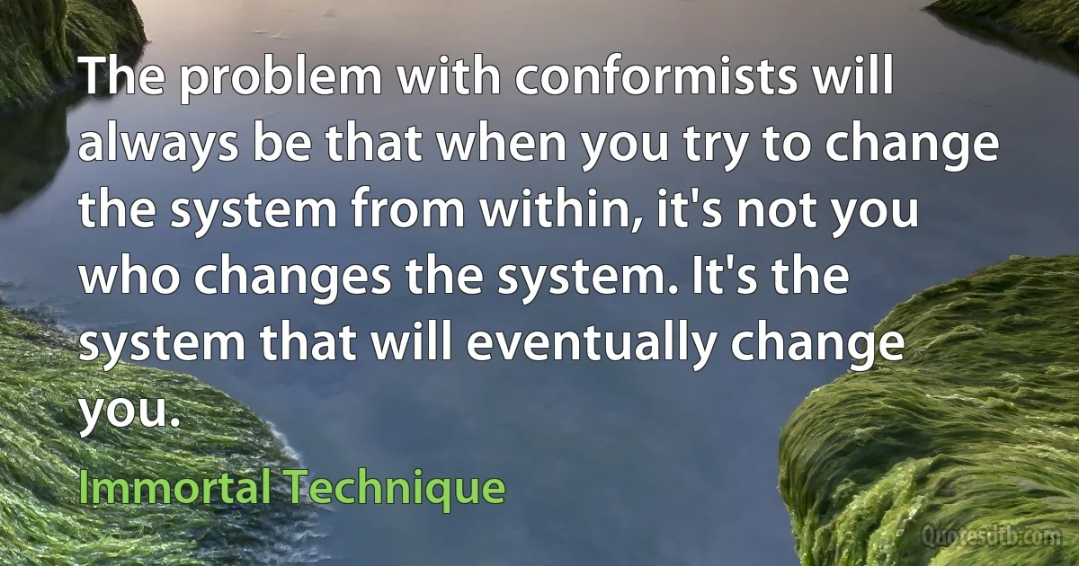 The problem with conformists will always be that when you try to change the system from within, it's not you who changes the system. It's the system that will eventually change you. (Immortal Technique)